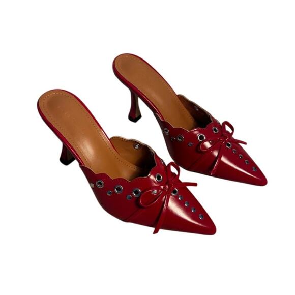 NWOT Size EU 35 (US 5) Atbell Red Bow Stud Grommit Kitten Heel Mule - Picture 2 of 5